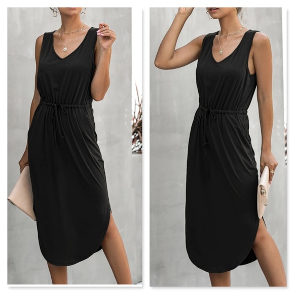 Black Drawstring Waist Midi Casual Dress - Picture 6 of 14